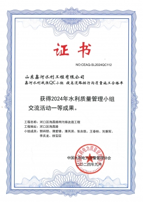 QC成果“提高道路排污沟质量施工合格率”中国水利电力质量管理协会一等成果（2024年9月）
